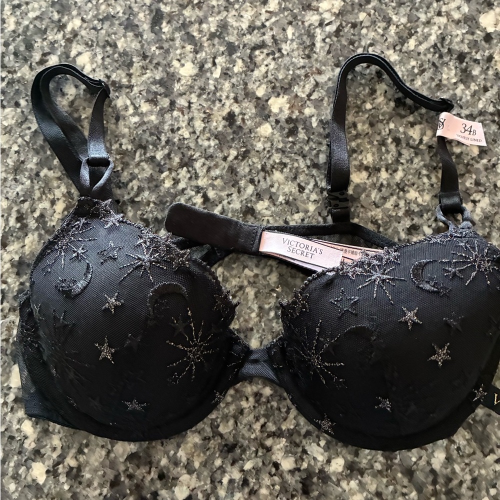VS 34b  black Midnight Star Bra lighted push up embroidered, emo, minimalist